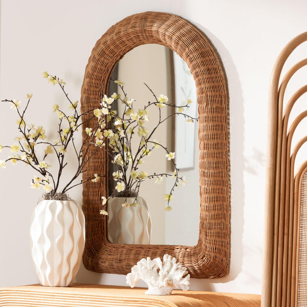 Baxton Studio bali Brisia Handwoven Rattan Wall Mirror - Bohemian Wicker Decor for Entryway, Living Room, Bedroom Arched F247-FT6-Mirror