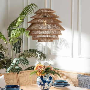 Baxton Studio bali Kaede Handwoven Jute Pendant Lampshade - Coastal Boho Light Cover with Unique Tiered Design F247-FT9-Lamp Shade