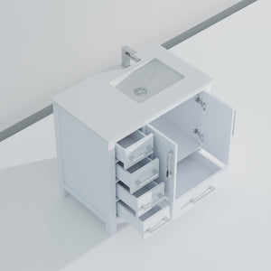 English Elm White 36 in Bath Vanity with Right Offset White Quartz Top, Soft-Close Drawers, Chrome Faucet Set B2731P259020