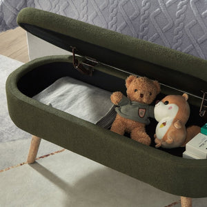 English Elm Luxury Boucle Oval Ottoman Bench with Hidden Storage Rubberwood Legs Entryway Seat Dark Green W2186P430721