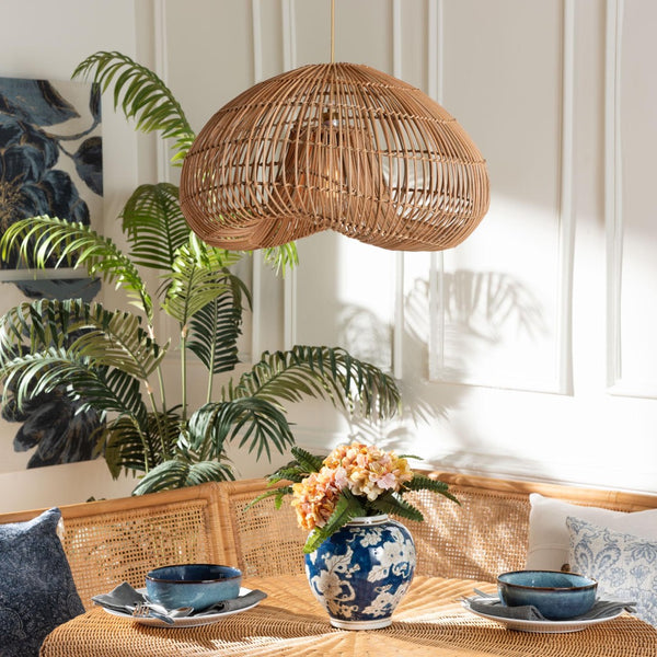 Baxton Studio bali Hansa Natural Rattan Pendant Lampshade - Handcrafted Coastal Dome Light for Boho Décor Charm F247-FT11-Lamp Shade