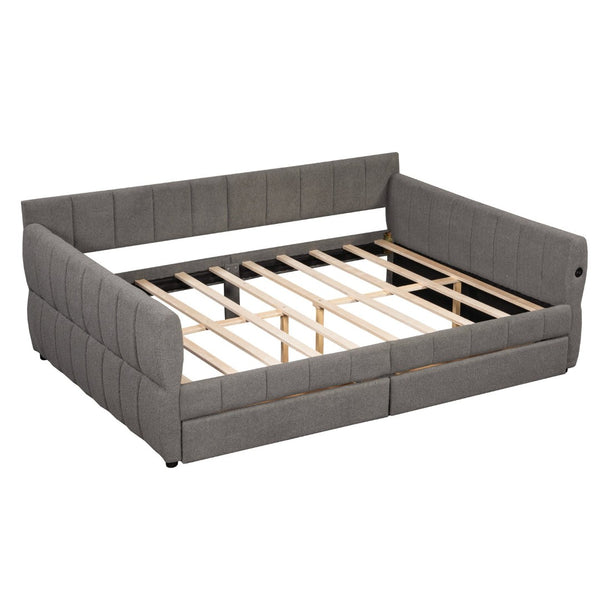 English Elm Queen Lambswool Platform Bed with Usb Charging Armrests and Under Storage Drawers Gray N7500000601E