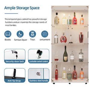 English Elm Tempered Glass Display Cabinet With Bluetooth Led Strip, Swivel Casters & Mobile App Control, White W3155S00004-GIGA