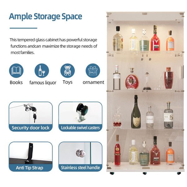 English Elm Tempered Glass Display Cabinet With Bluetooth Led Strip, Swivel Casters & Mobile App Control, White W3155S00004-GIGA