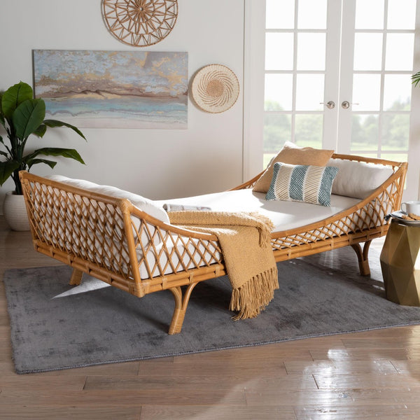 Baxton Studio bali Akemi Handwoven Natural Rattan Daybed with Plush Cushion - Boho Coastal Lounge for Any Space Akemi-Natural Rattan-Cushioned-Daybed