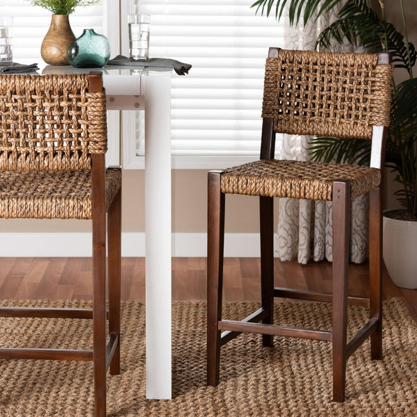 Baxton Studio bali Alise Handwoven Seagrass Bar Stool with Mahogany Frame – Chic Modern Chair for Home Bar or Kitchen Earthy Alise-Mahogany-Brown-Cushion-BS
