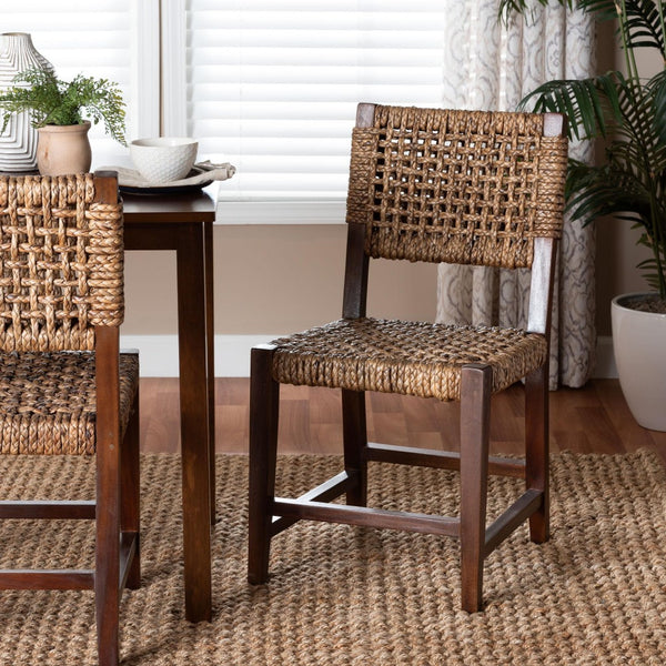 Baxton Studio bali Alise Handwoven Seagrass Dining Chair - Stylish Mahogany Frame for Boho, Coastal, or Rustic Spaces Alise-Mahogany-Brown-Cushion-DC