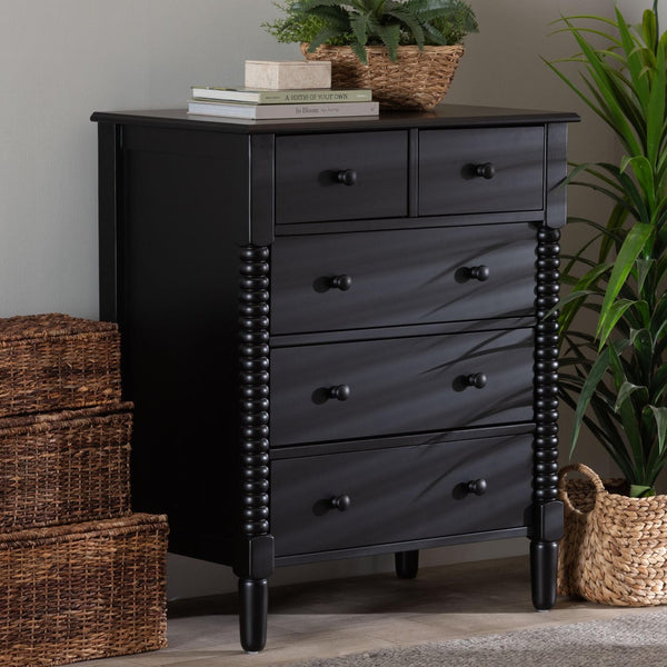 Baxton Studio Baxton Studio Braith Farmhouse 5-Drawer Chest with Classic Spindle Design for Timeless Storage Solutions Black SW8000-88CH5D-Black-Chest