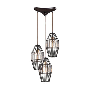 Yardley 17'' Wide 3-Light Triangular Pendant - Oil Rubbed Bronze with Clear Crystal on Wire Cages 14248/3 Elk Lighting