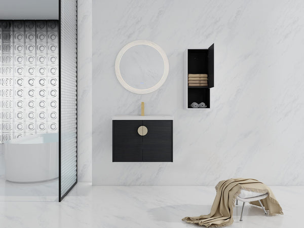 English Elm 28" Wall-Mounted Bathroom Vanity & Ceramic Sink With Side Cabinet, Soft-Close Doors For Modern Homes W999S00329