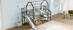 English Elm Twin House Loft Bed with Slide and Stairs, Metal Playhouse with Storage Shelves and Quiet Design Black W1580S00348