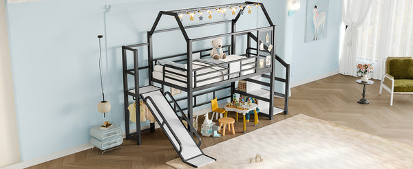 English Elm Twin House Loft Bed with Slide and Stairs, Metal Playhouse with Storage Shelves and Quiet Design Black W1580S00348