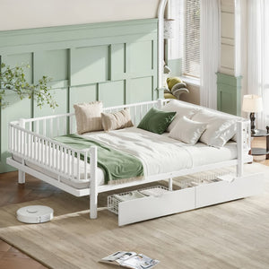 English Elm Queen Storage Platform Bed Low Profile Metal Frame with Built-in Drawers for Small Spaces Light White W5305P471354