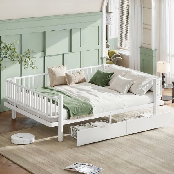 English Elm Queen Storage Platform Bed Low Profile Metal Frame with Built-in Drawers for Small Spaces Light White W5305P471354