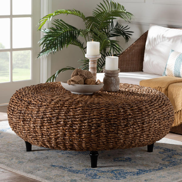 Baxton Studio bali Riau Handwoven Seagrass Coffee Table – Round Natural Wicker Table for Bohemian Home Décor Riau-Natural Antique-CT