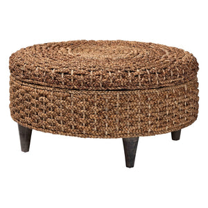 Baxton Studio bali Handwoven Seagrass Storage Ottoman with Lift-Top Lid - Stylish Wicker Trunk for Modern Homes Round Bailey-Natural Brown/Black-Ottoman
