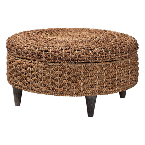 Baxton Studio bali Handwoven Seagrass Storage Ottoman with Lift-Top Lid - Stylish Wicker Trunk for Modern Homes Round Bailey-Natural Brown/Black-Ottoman