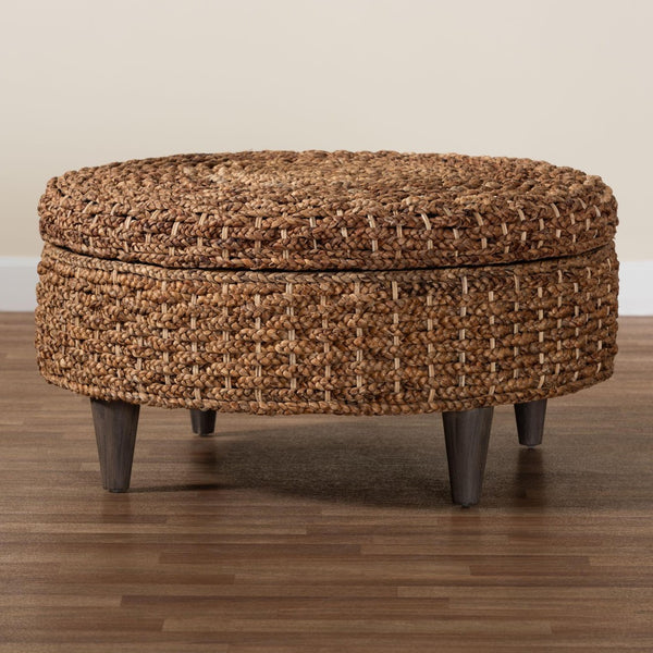 Baxton Studio bali Handwoven Seagrass Storage Ottoman with Lift-Top Lid - Stylish Wicker Trunk for Modern Homes Round Bailey-Natural Brown/Black-Ottoman