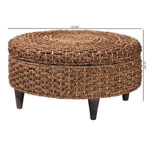 Baxton Studio bali Handwoven Seagrass Storage Ottoman with Lift-Top Lid - Stylish Wicker Trunk for Modern Homes Round Bailey-Natural Brown/Black-Ottoman