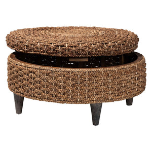 Baxton Studio bali Handwoven Seagrass Storage Ottoman with Lift-Top Lid - Stylish Wicker Trunk for Modern Homes Round Bailey-Natural Brown/Black-Ottoman