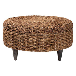 Baxton Studio bali Handwoven Seagrass Storage Ottoman with Lift-Top Lid - Stylish Wicker Trunk for Modern Homes Round Bailey-Natural Brown/Black-Ottoman