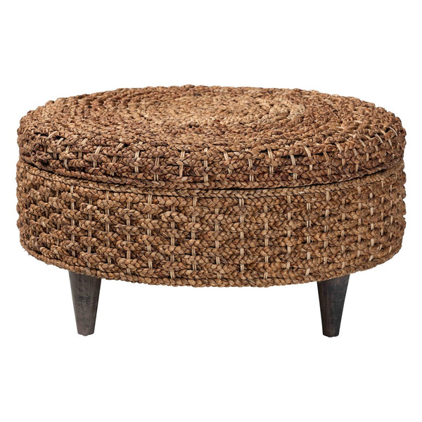 Baxton Studio bali Handwoven Seagrass Storage Ottoman with Lift-Top Lid - Stylish Wicker Trunk for Modern Homes Round Bailey-Natural Brown/Black-Ottoman