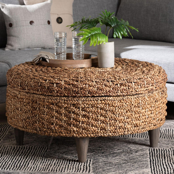 Baxton Studio bali Handwoven Seagrass Storage Ottoman with Lift-Top Lid - Stylish Wicker Trunk for Modern Homes Round Bailey-Natural Brown/Black-Ottoman