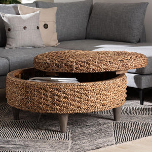 Baxton Studio bali Handwoven Seagrass Storage Ottoman with Lift-Top Lid - Stylish Wicker Trunk for Modern Homes Round Bailey-Natural Brown/Black-Ottoman