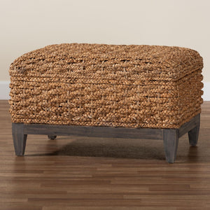 Baxton Studio bali Handwoven Seagrass Storage Ottoman with Lift-Top Lid - Stylish Wicker Trunk for Modern Homes Square Kaya-Natural Brown/Black-Ottoman
