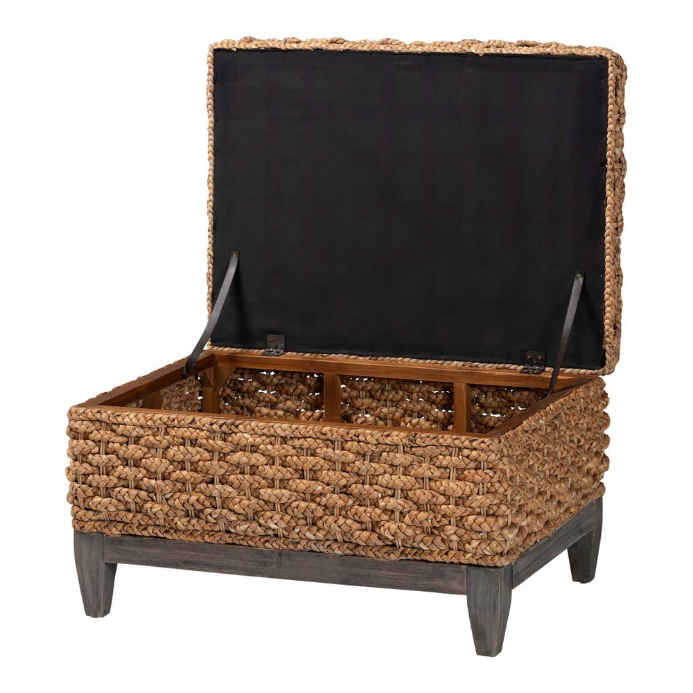 Baxton Studio bali Handwoven Seagrass Storage Ottoman with Lift-Top Lid - Stylish Wicker Trunk for Modern Homes Square Kaya-Natural Brown/Black-Ottoman