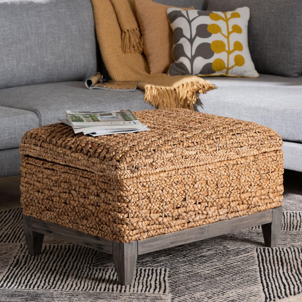 Baxton Studio bali Handwoven Seagrass Storage Ottoman with Lift-Top Lid - Stylish Wicker Trunk for Modern Homes Square Kaya-Natural Brown/Black-Ottoman
