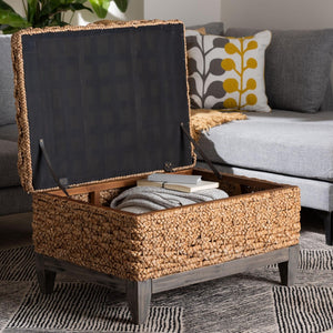Baxton Studio bali Handwoven Seagrass Storage Ottoman with Lift-Top Lid - Stylish Wicker Trunk for Modern Homes Square Kaya-Natural Brown/Black-Ottoman