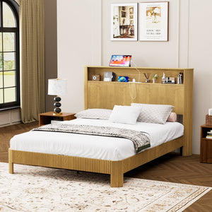 English Elm Queen Modern queen storage bed with wavy headboard, built-in USB charging, silent metal support system Natural W1162P357260