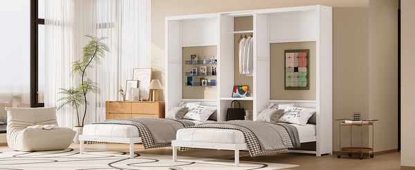 English Elm Twin Twin Murphy Bed with Metal Frame, Foldable 2-in-1 Space-Saving Design, Built-In Wardrobe, Shelves, Power Outlets and Durable Storage Solution White W1580S00287