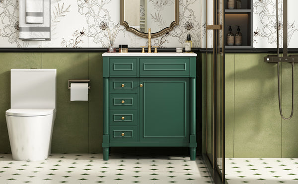 English Elm 30" Bathroom Vanity with Sink — Freestanding Modern Cabinet with Soft-Close Door, 2 Deep Drawers, Durable Basin Green N710P288938F