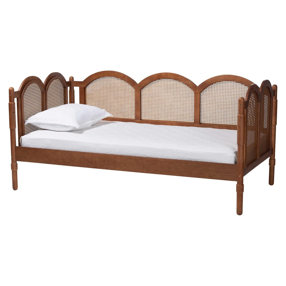 Baxton Studio Baxton Studio Carmiya Scalloped Daybed - Stylish Twin Wooden Frame with Rattan, Boho Charm for Any Space MG0211-Walnut Rattan-Daybed-Twin