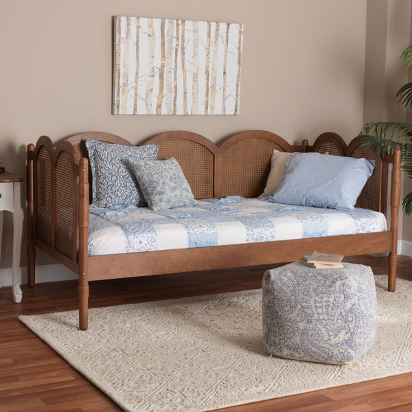 Baxton Studio Baxton Studio Carmiya Scalloped Daybed - Stylish Twin Wooden Frame with Rattan, Boho Charm for Any Space MG0211-Walnut Rattan-Daybed-Twin
