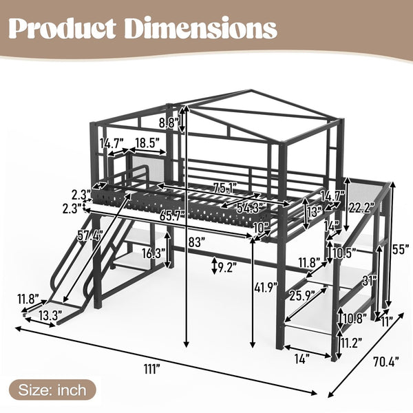 English Elm Twin Metal Loft Bed with Built-in Wardrobe Storage Stairs Led Lights and Usb Ports W5316S00047
