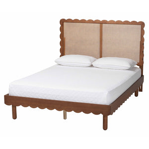 Baxton Studio Baxton Orianthe Scalloped Platform Bed - Solid Wood Frame with Woven Rattan Headboard, Queen Size MG9811/0245-Walnut Rattan-Queen