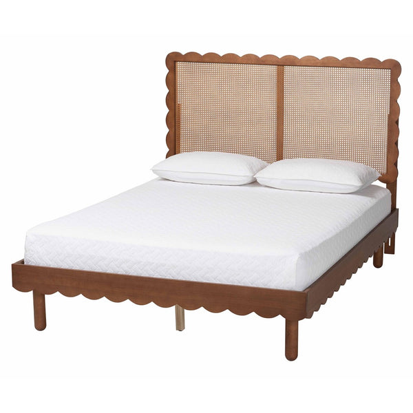 Baxton Studio Baxton Orianthe Scalloped Platform Bed - Solid Wood Frame with Woven Rattan Headboard, Queen Size MG9811/0245-Walnut Rattan-Queen