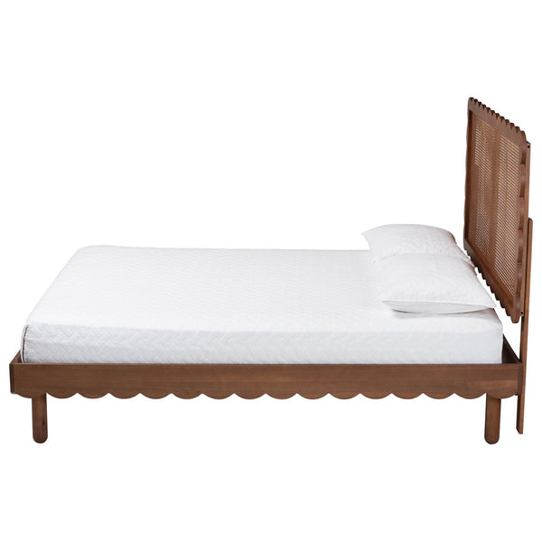 Baxton Studio Baxton Orianthe Scalloped Platform Bed - Solid Wood Frame with Woven Rattan Headboard, Queen Size MG9811/0245-Walnut Rattan-Queen