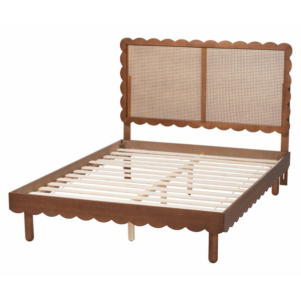 Baxton Studio Baxton Orianthe Scalloped Platform Bed - Solid Wood Frame with Woven Rattan Headboard, Queen Size MG9811/0245-Walnut Rattan-Queen
