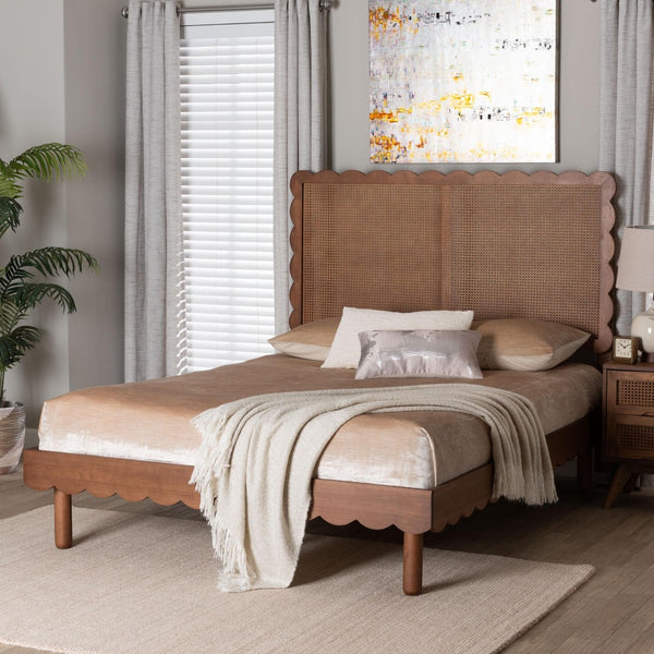 Baxton Studio Baxton Orianthe Scalloped Platform Bed - Solid Wood Frame with Woven Rattan Headboard, Queen Size MG9811/0245-Walnut Rattan-Queen