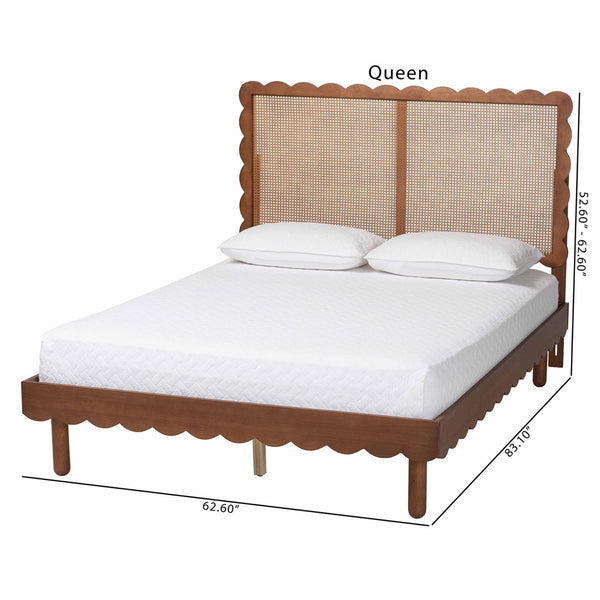 Baxton Studio Baxton Orianthe Scalloped Platform Bed - Solid Wood Frame with Woven Rattan Headboard, Queen Size MG9811/0245-Walnut Rattan-Queen