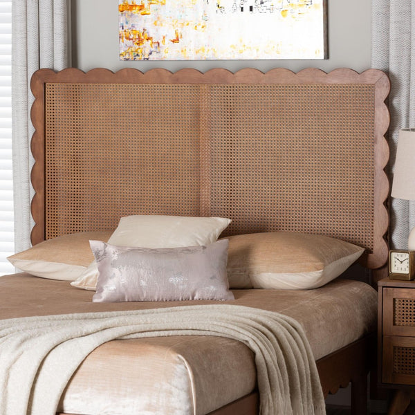 Baxton Studio Baxton Studio Orianthe Scalloped Headboard - Chic Cane Woven Backrest, Adjustable Queen Bedroom Decor MG9811-Walnut Rattan-HB-Queen