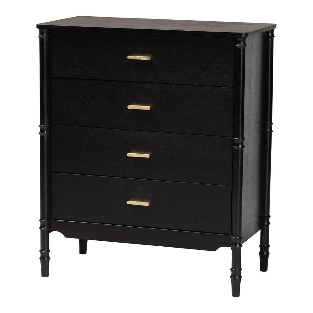 Baxton Studio Baxton Studio Marisela Black Wood Chest of Drawers - Elegant 4-Drawer Dresser with Gold Handles MG9014-Black 9990-4DW-Chest