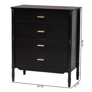 Baxton Studio Baxton Studio Marisela Black Wood Chest of Drawers - Elegant 4-Drawer Dresser with Gold Handles MG9014-Black 9990-4DW-Chest