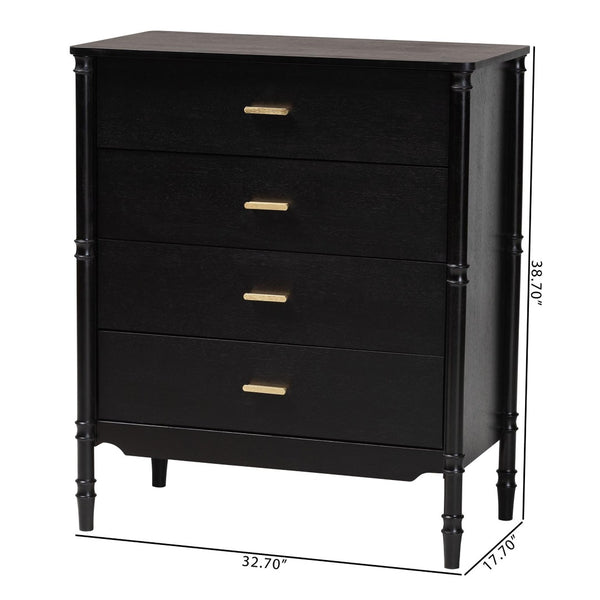 Baxton Studio Baxton Studio Marisela Black Wood Chest of Drawers - Elegant 4-Drawer Dresser with Gold Handles MG9014-Black 9990-4DW-Chest