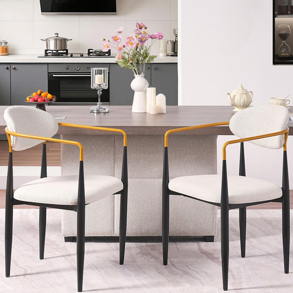 English Elm Modern Upholstered Dining Chairs Set of 2 Beige Fabric Gold Arm Black Frame W5501P462415