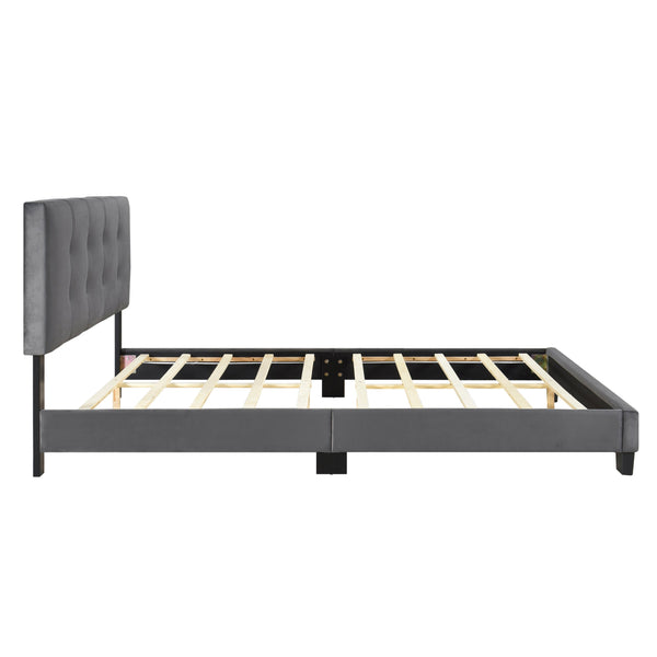 English Elm 1pc Queen Platform Bed Brown Velvet Upholstered with Button Tufted Adjustable Headboard, Low-Profile Solid Wood Frame 42" H Dark Gray 65.5 L x 26 W x 5 H B011P203579
